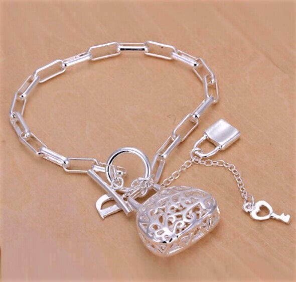 FILIGREE 3D HANDBAG LOCK N KEY SILVER BRACELET-20cm